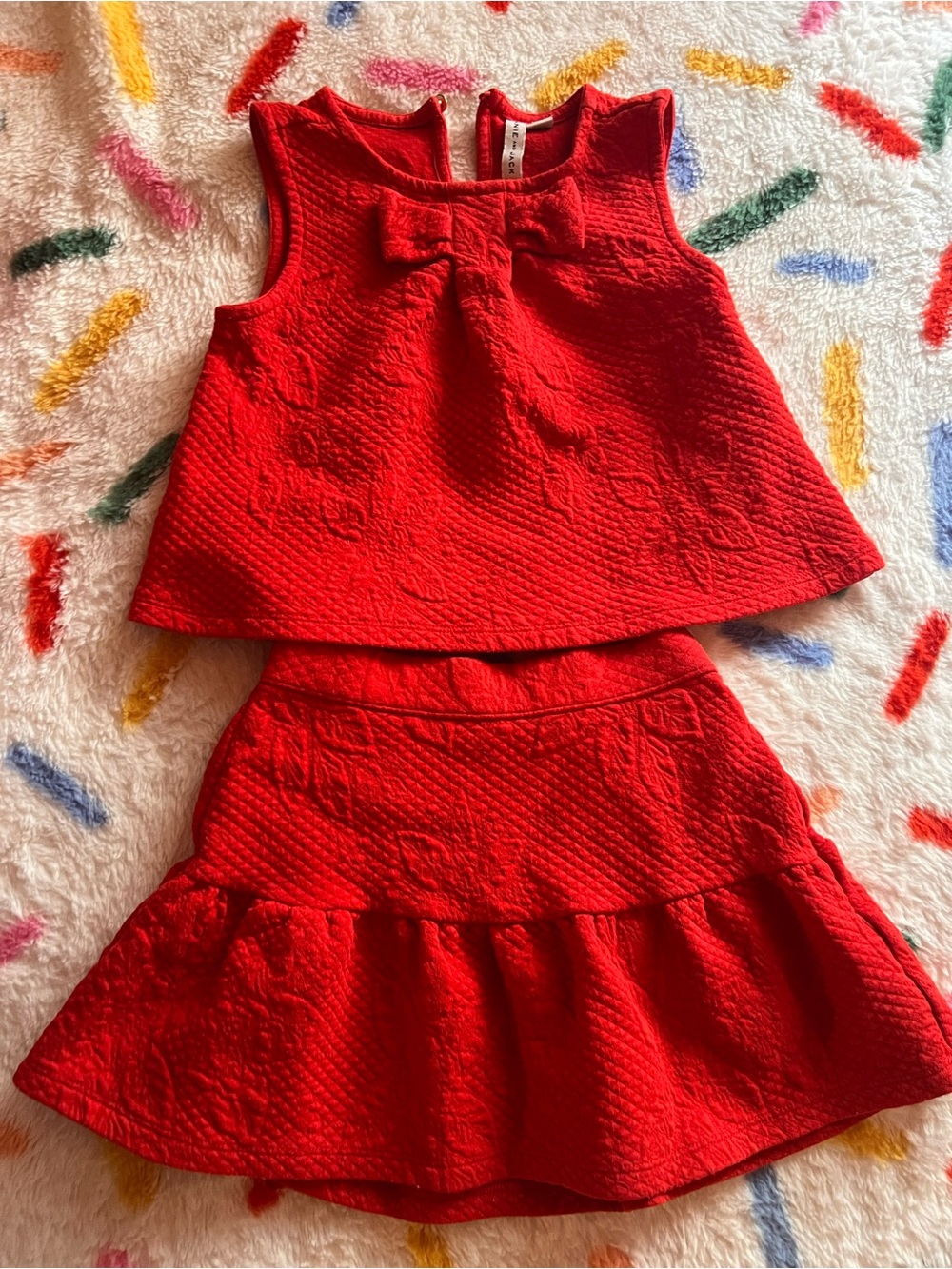 Janie and Jack Red Textured Bow Top and Ruffle Skirt Set